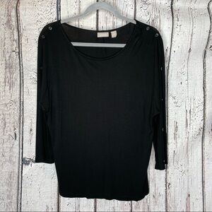 Chico’s 1 Women’s Medium Black Blouse Open Button Sleeves Dolman Sleeves Stretch